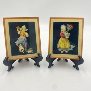 2 Small Antique Wooden Frame Swiss Girls Child Pretzel Jack Russell Terrier Dog